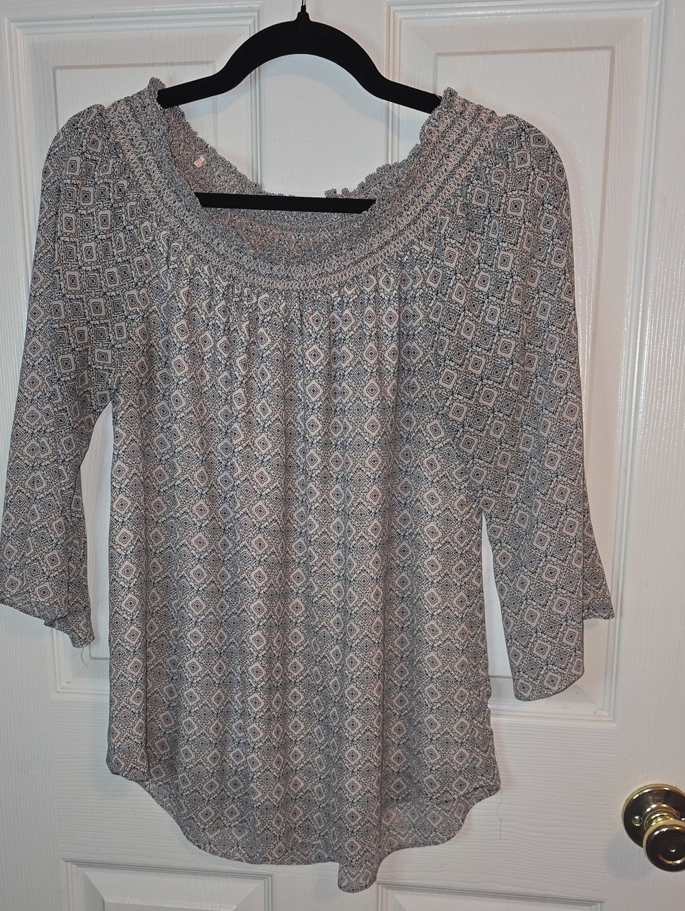 Rose & Olive Gray Geometric Smocked-Neck Tunic Top